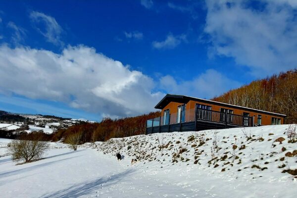 Lodges in the snow at Maes Mynan Park