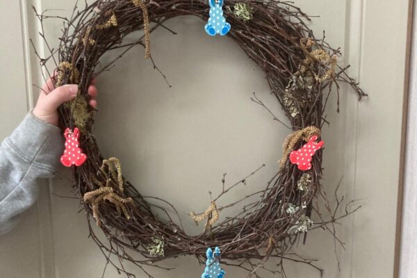 Easter Wreath made with foraged birch from Maes Mynan Holiday Park grounds