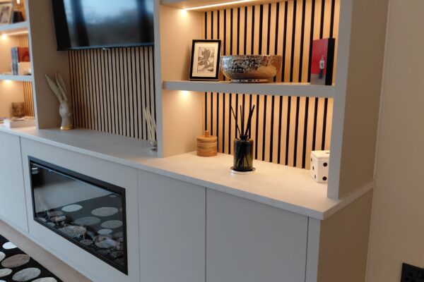 Fire media unit and shelving in Solhare Lodge at Maes Mynan Prk - YourRetreats