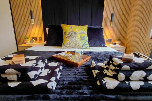 Principal bedroom with velvet headboard in luxury lodge for sale | Maes Mnan Park | YourRetreats
