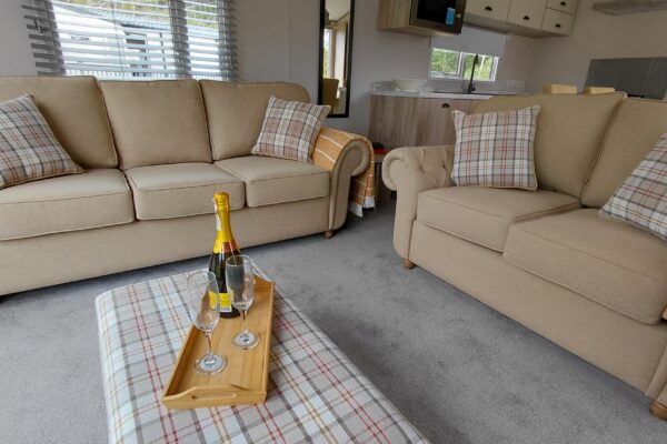 Beige living room with plaid cushions and a champagne bottle with two glasses on a wooden tray in the foreground.