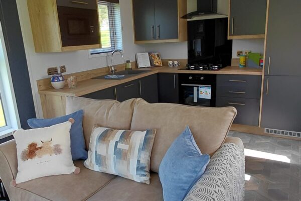 Open-plan living area with a beige sofa and blue pillows in front of a modern gray-and-wood kitchen with upper cabinets and a dark range hood.
